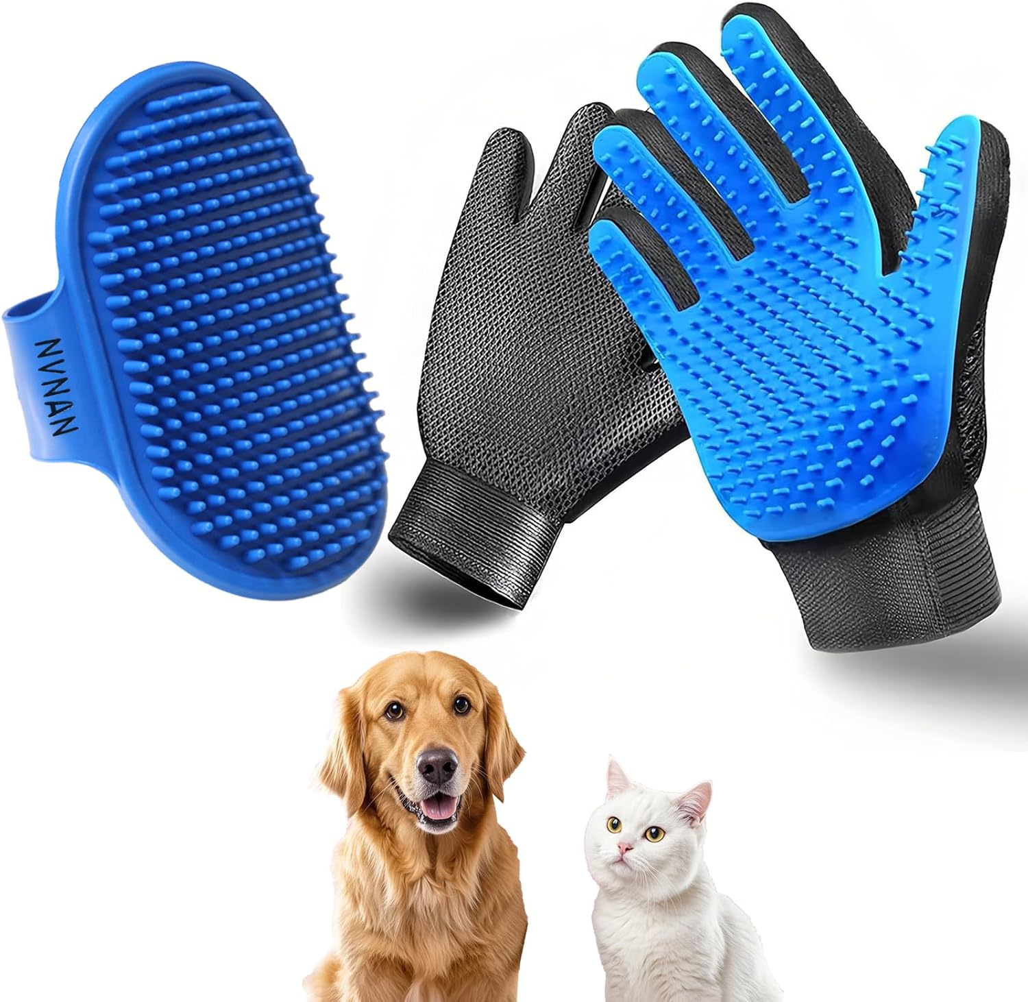 Pet Hair Removal Grooming Gloves, 2-Pack 2-in-1 Grooming and Bathing Gloves for Dogs and Cats with Short or Long Hair (Blue)