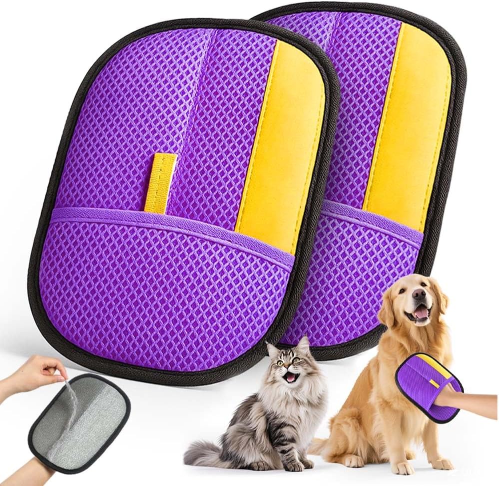 Reusable Pet Hair Removal Gloves (2 Pcs), Thickened Electrostatic Grooming Gloves for Cats and Dogs, Furniture and Clothing Cleaner