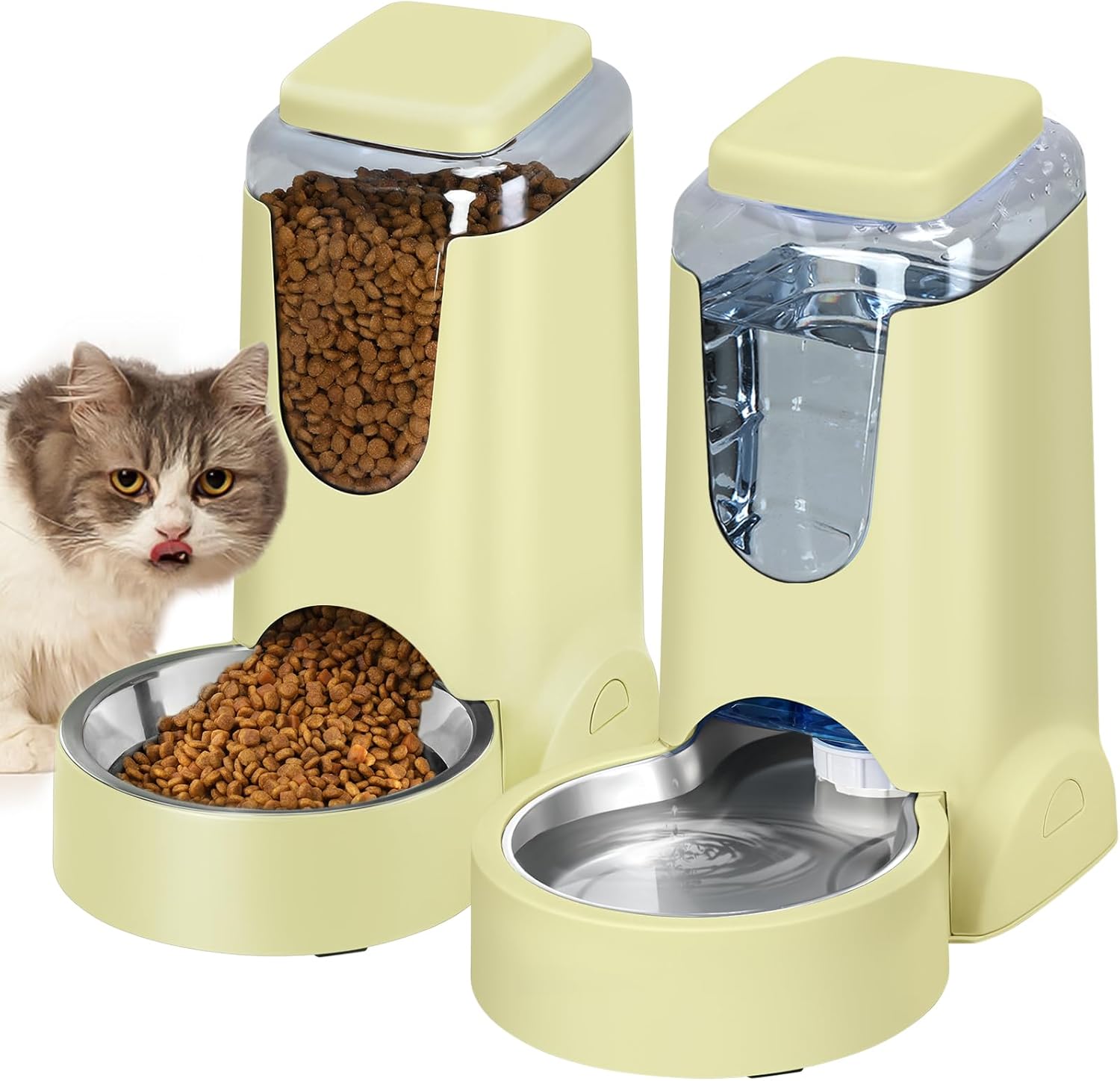 Gravity Cat Food Feeder and Water Dispenser Set with Stainless Steel Bowl, Large Capacity for Small and Medium Pets, 1 Gallon x 2