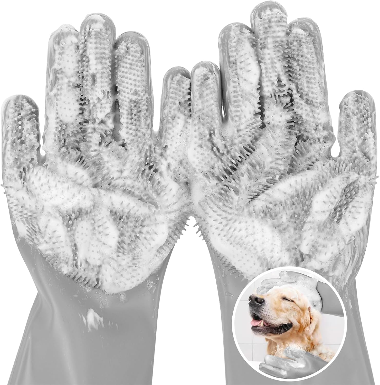 Pet Grooming Gloves with Silicone Bristles, Five-Finger Bathing and Cleaning Gloves for Dogs and Cats