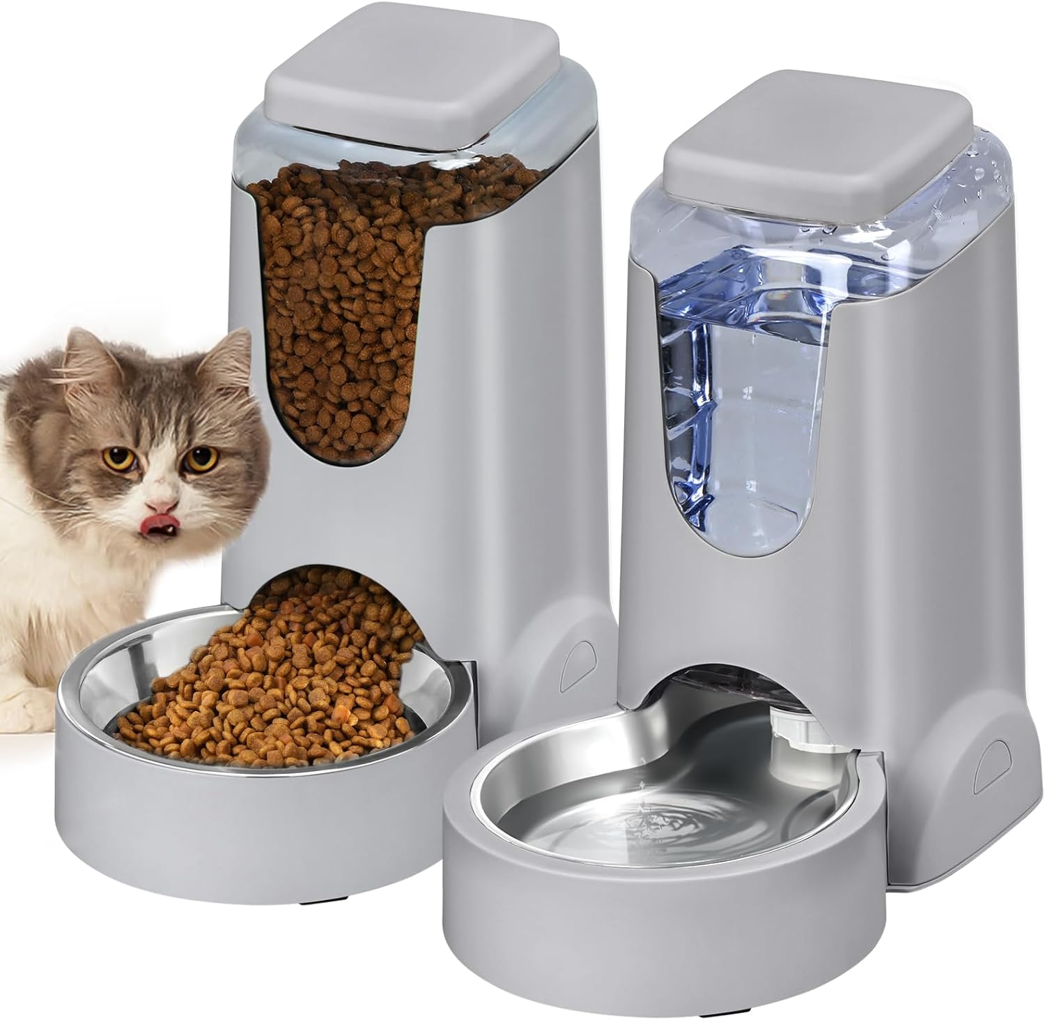 Gravity Cat Food Feeder and Water Dispenser Set with Stainless Steel Bowl, Large Capacity for Small and Medium Pets, 1 Gallon x 2