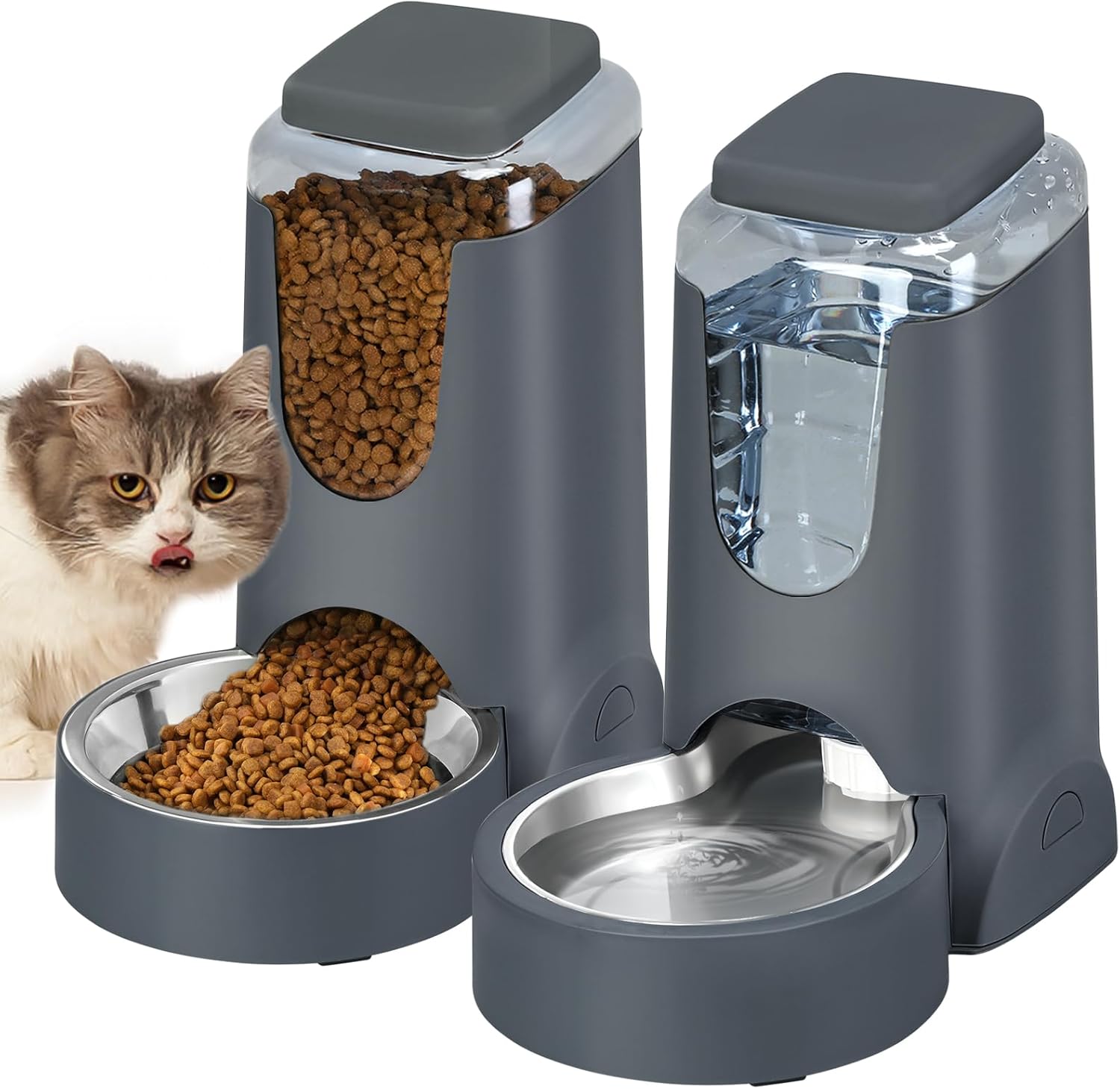 Gravity Cat Food Feeder and Water Dispenser Set with Stainless Steel Bowl, Large Capacity for Small and Medium Pets, 1 Gallon x 2