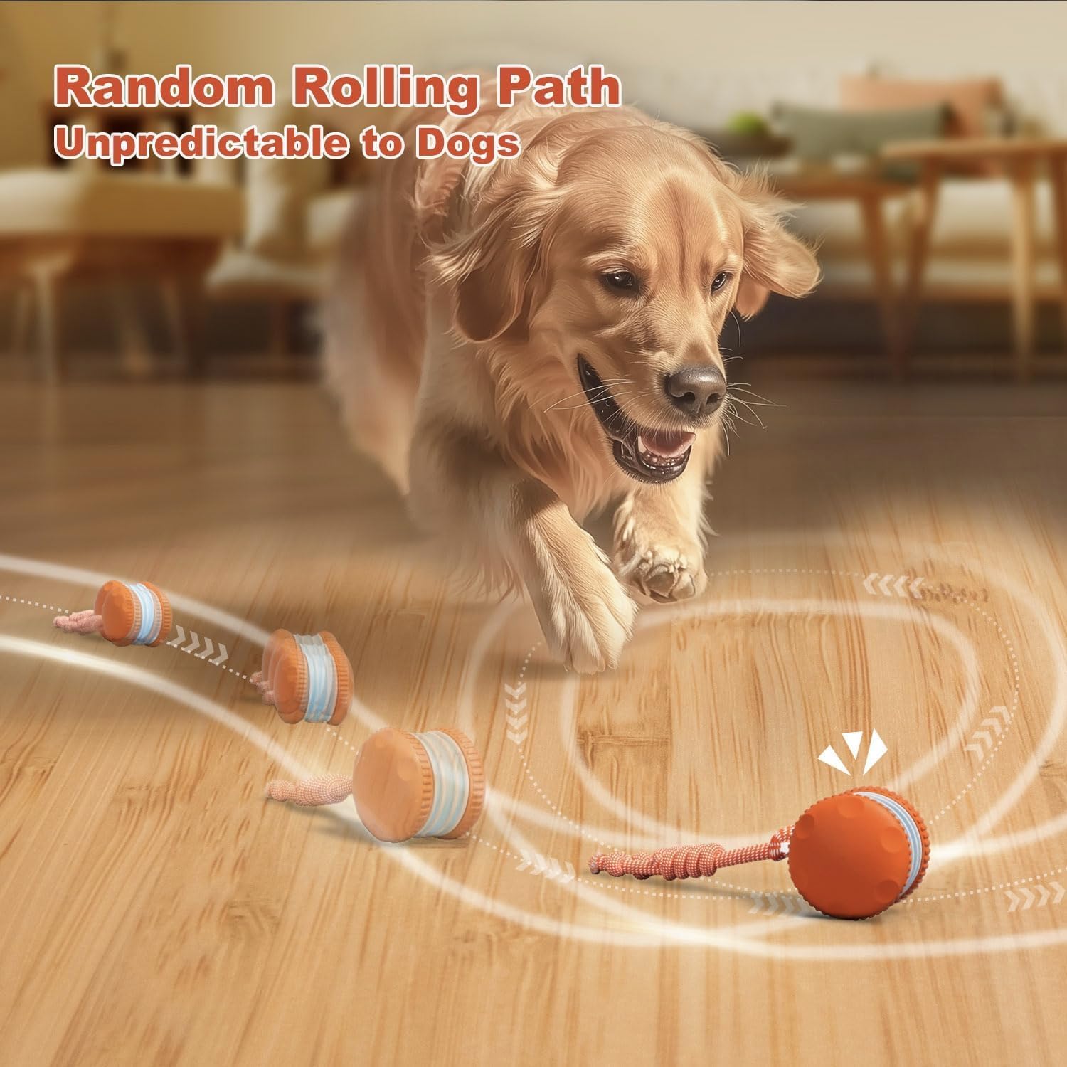 Interactive Automatic Moving Dog Toy with Rope, Motion-Activated Rolling Toy for Small Medium and Large Dogs