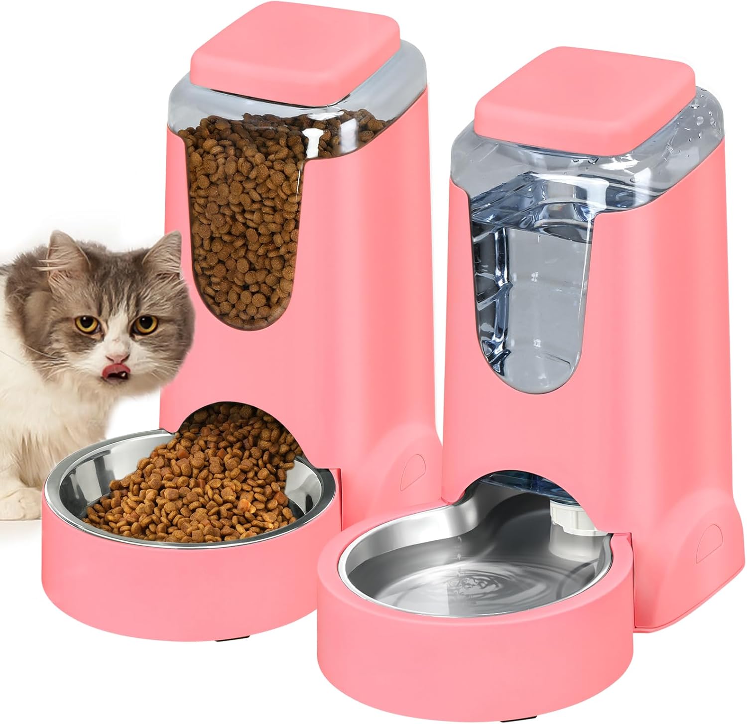 Gravity Cat Food Feeder and Water Dispenser Set with Stainless Steel Bowl, Large Capacity for Small and Medium Pets, 1 Gallon x 2