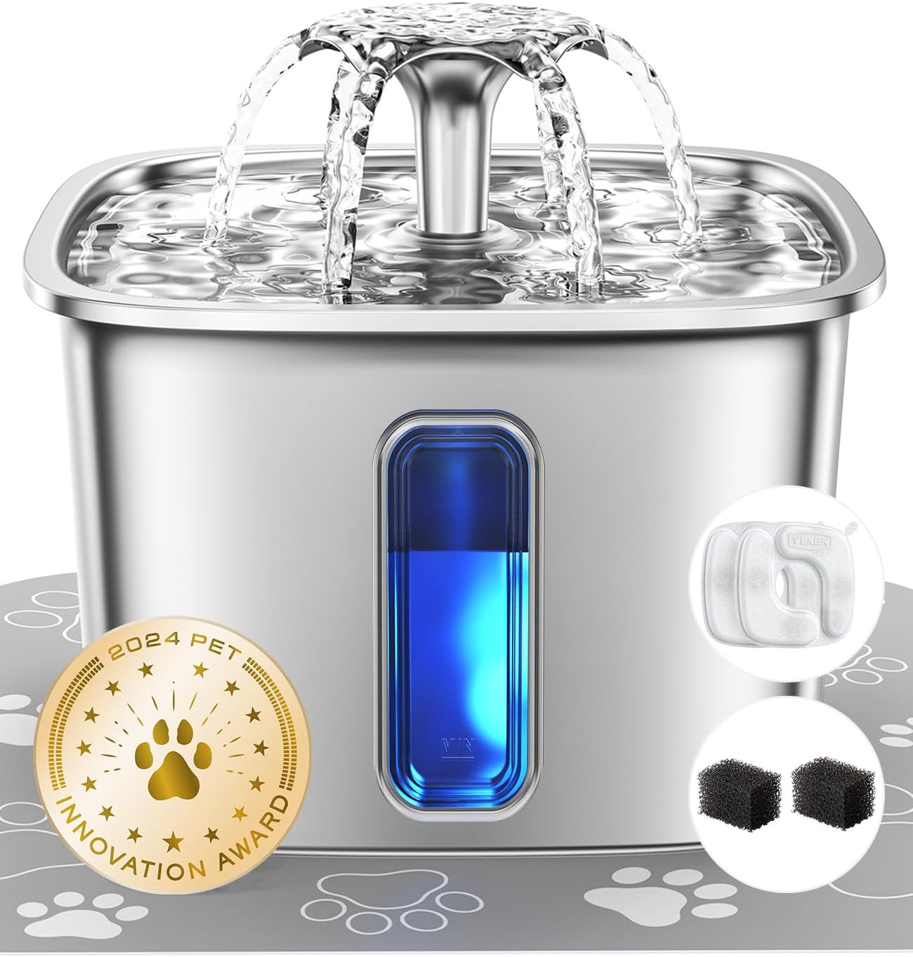 Stainless Steel Automatic Pet Water Fountain, 108oz / 3.2L Cat and Dog Water Dispenser with Filters and Silicone Mat