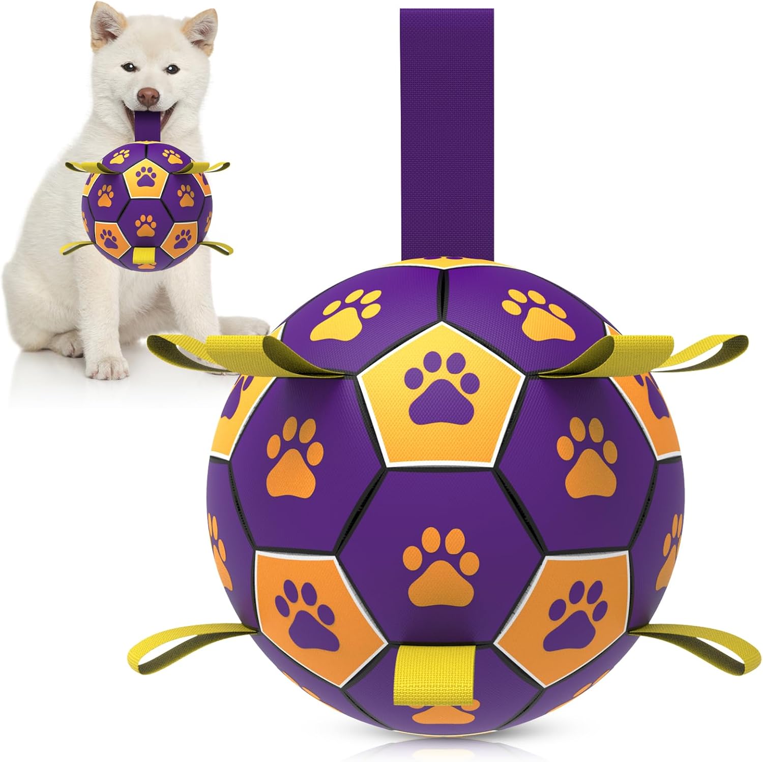 6 Inch Dog Soccer Ball Toy with Straps, Durable Interactive Outdoor Ball for Small and Medium Dogs