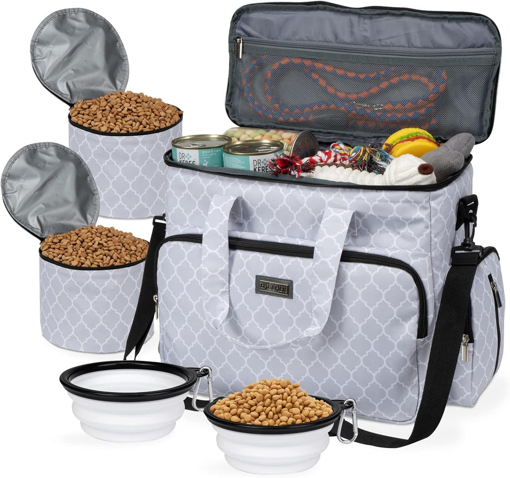 Dog Travel Bag with Food Containers and Collapsible Bowls, Complete Pet Travel Organizer for Trips and Outdoor Use
