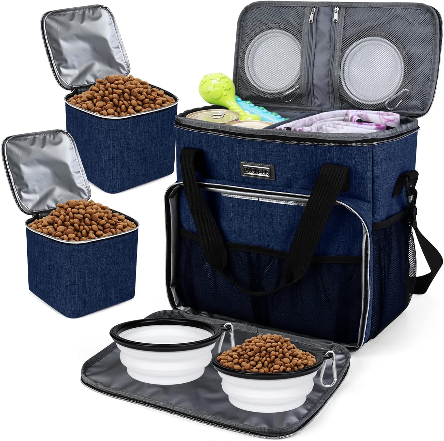 Dog Travel Bag with Food Containers and Collapsible Bowls, Complete Pet Travel Organizer for Trips and Outdoor Use