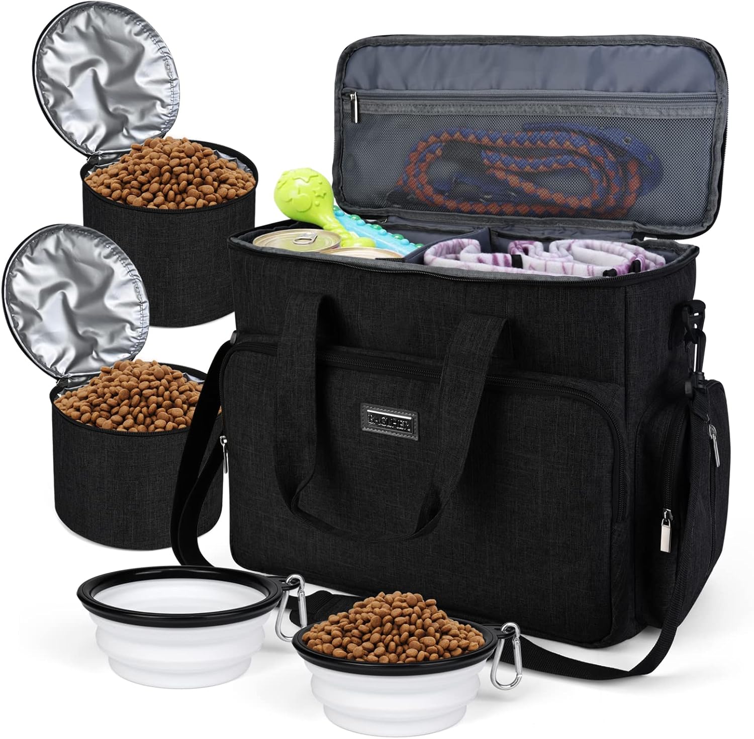 Dog Travel Bag with Food Containers and Collapsible Bowls, Complete Pet Travel Organizer for Trips and Outdoor Use
