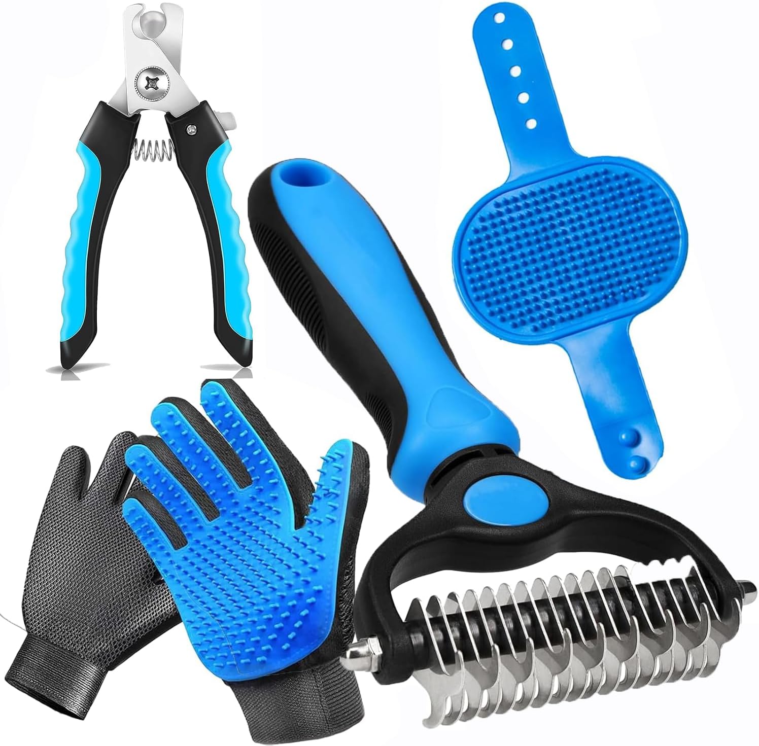 Pet Hair Removal Grooming Gloves, 2-Pack 2-in-1 Grooming and Bathing Gloves for Dogs and Cats with Short or Long Hair (Blue)