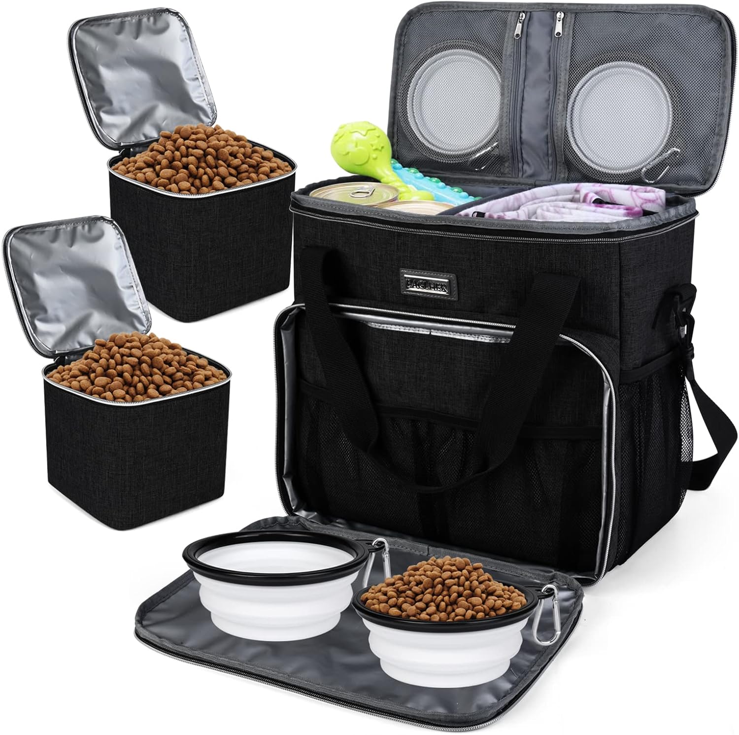Dog Travel Bag with Food Containers and Collapsible Bowls, Complete Pet Travel Organizer for Trips and Outdoor Use
