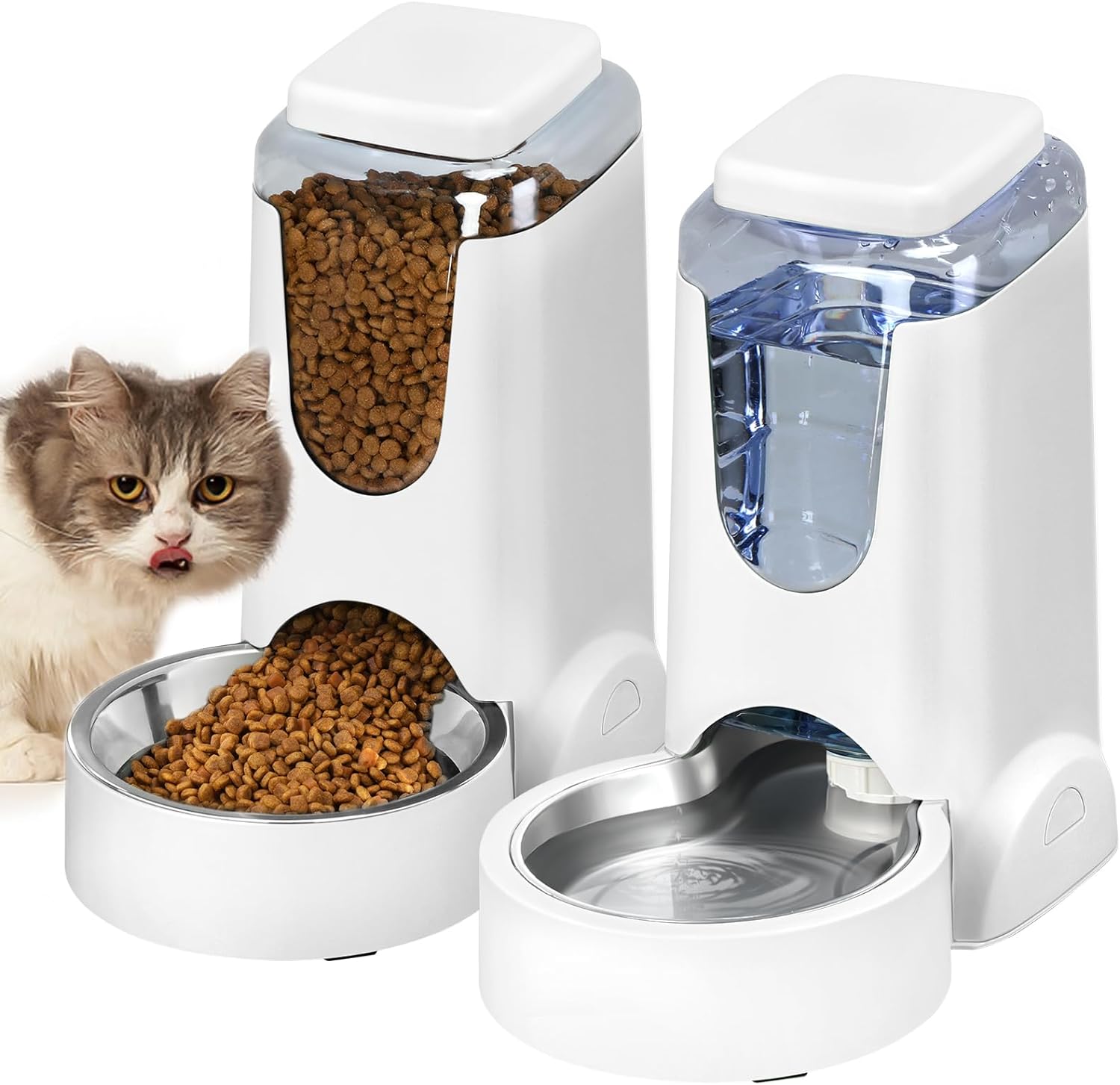 Gravity Cat Food Feeder and Water Dispenser Set with Stainless Steel Bowl, Large Capacity for Small and Medium Pets, 1 Gallon x 2