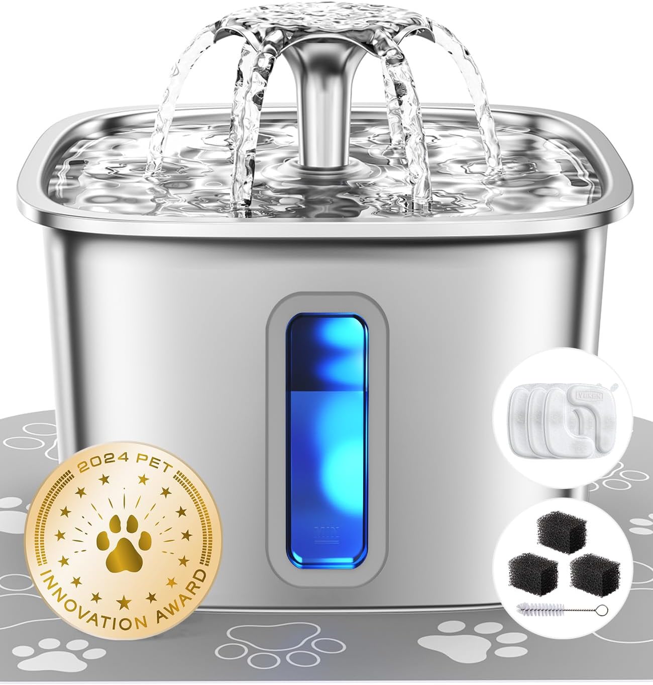 Stainless Steel Automatic Pet Water Fountain, 108oz / 3.2L Cat and Dog Water Dispenser with Filters and Silicone Mat