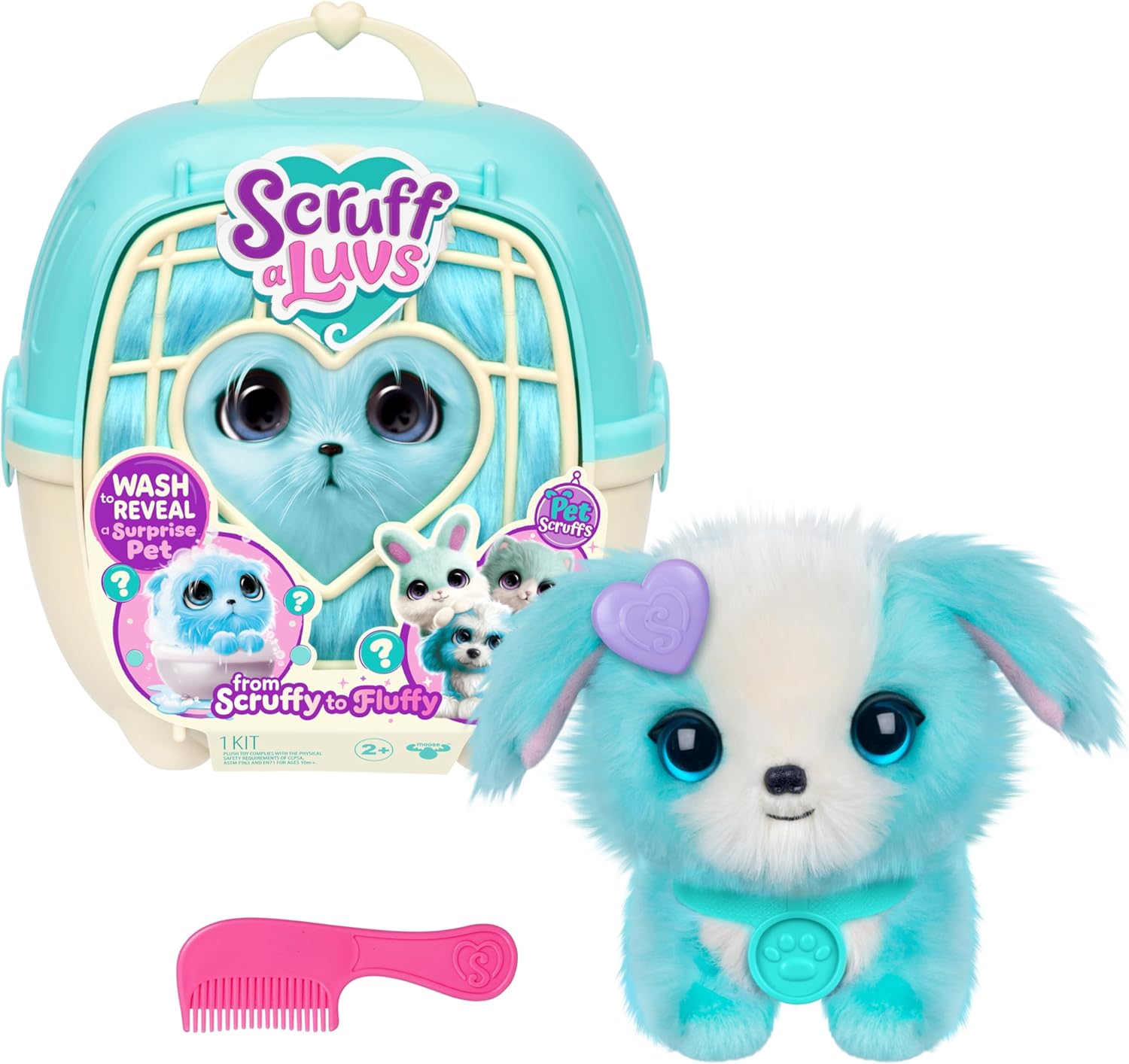Surprise Plush Pet Toy with Wash-to-Reveal Feature, Mystery Stuffed Animal with Deluxe Pet Carrier