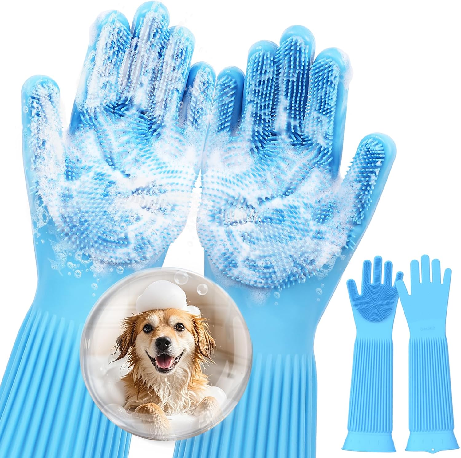 Pet Grooming Gloves with Silicone Bristles, Five-Finger Bathing and Cleaning Gloves for Dogs and Cats