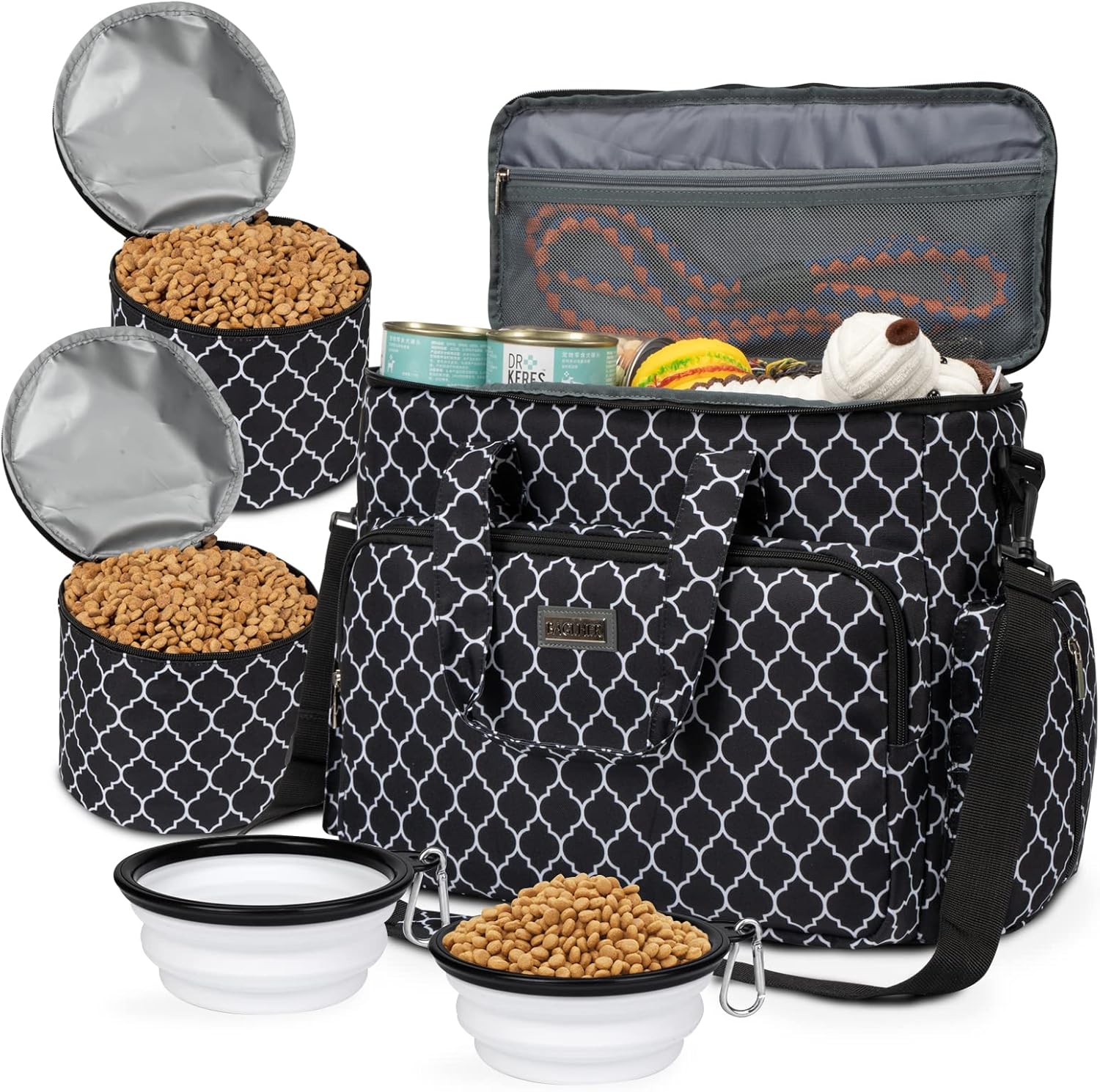 Dog Travel Bag with Food Containers and Collapsible Bowls, Complete Pet Travel Organizer for Trips and Outdoor Use
