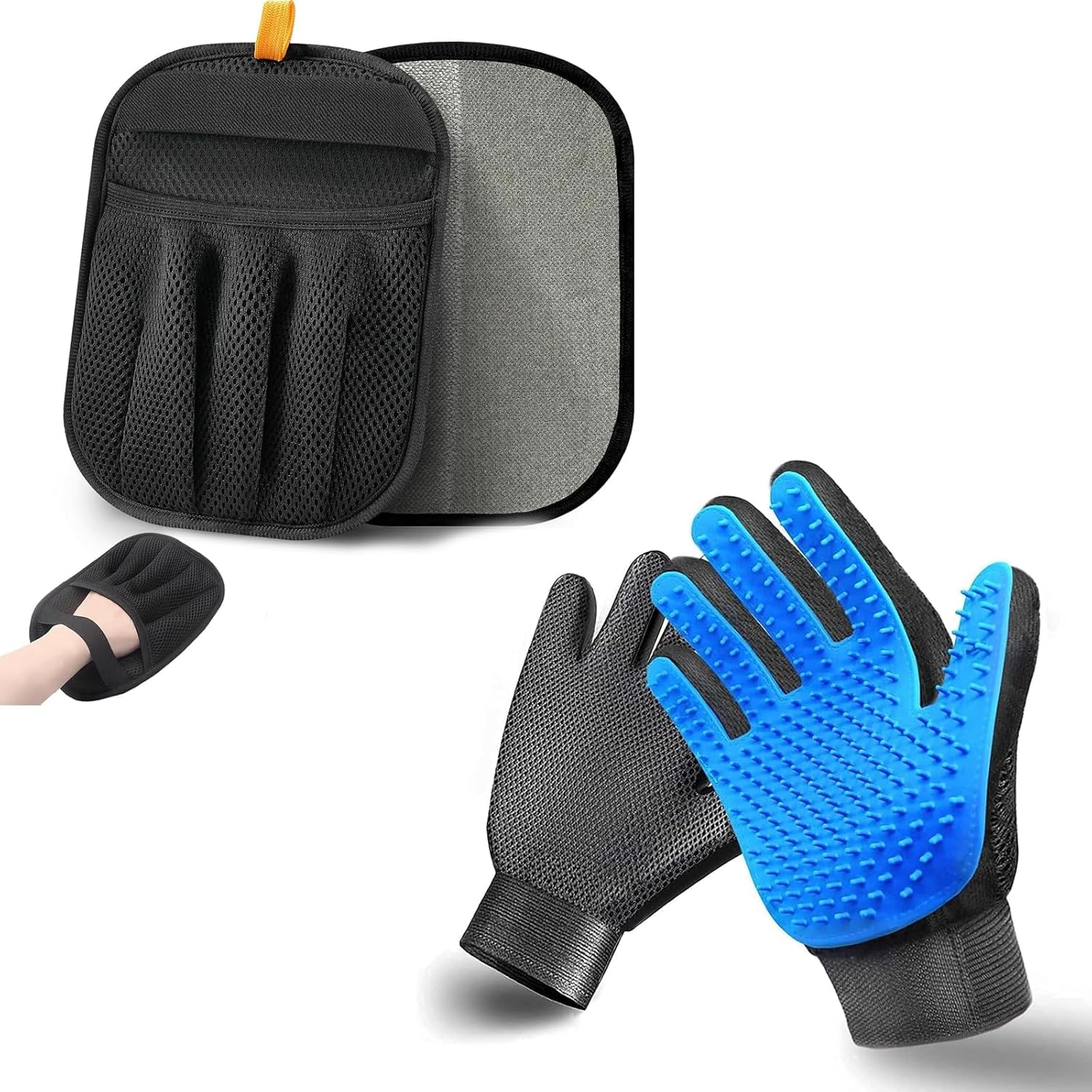 Pet Hair Removal Grooming Gloves, 2-Pack 2-in-1 Grooming and Bathing Gloves for Dogs and Cats with Short or Long Hair (Blue)