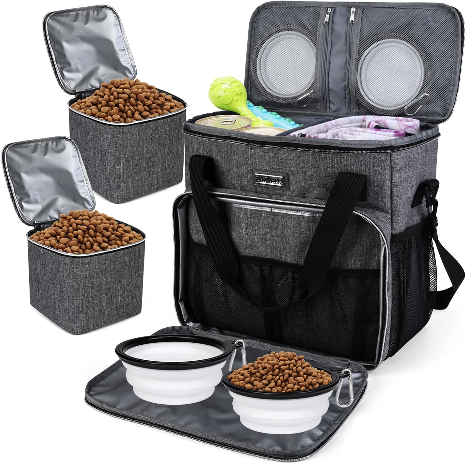 Dog Travel Bag with Food Containers and Collapsible Bowls, Complete Pet Travel Organizer for Trips and Outdoor Use