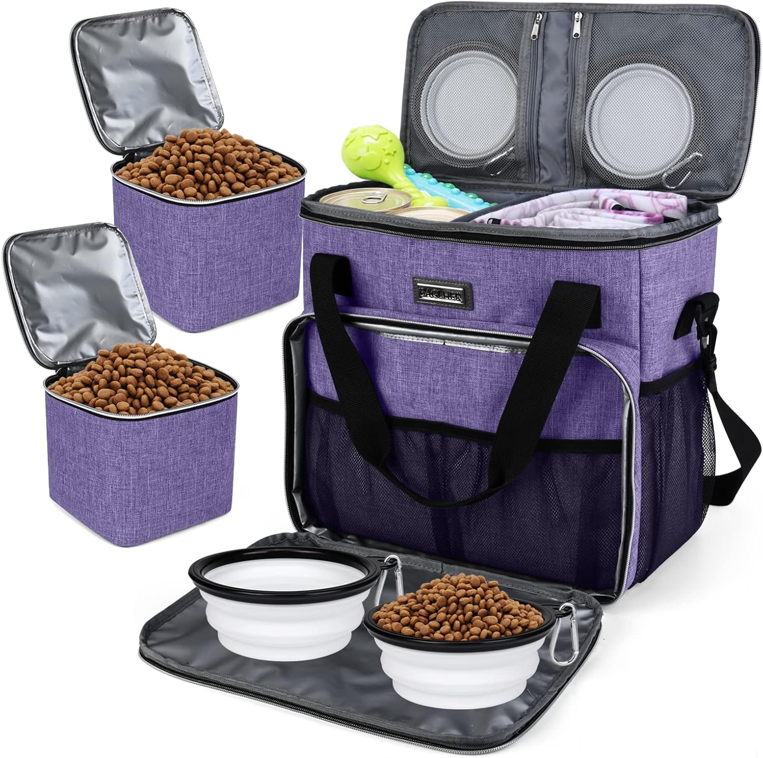 Dog Travel Bag with Food Containers and Collapsible Bowls, Complete Pet Travel Organizer for Trips and Outdoor Use