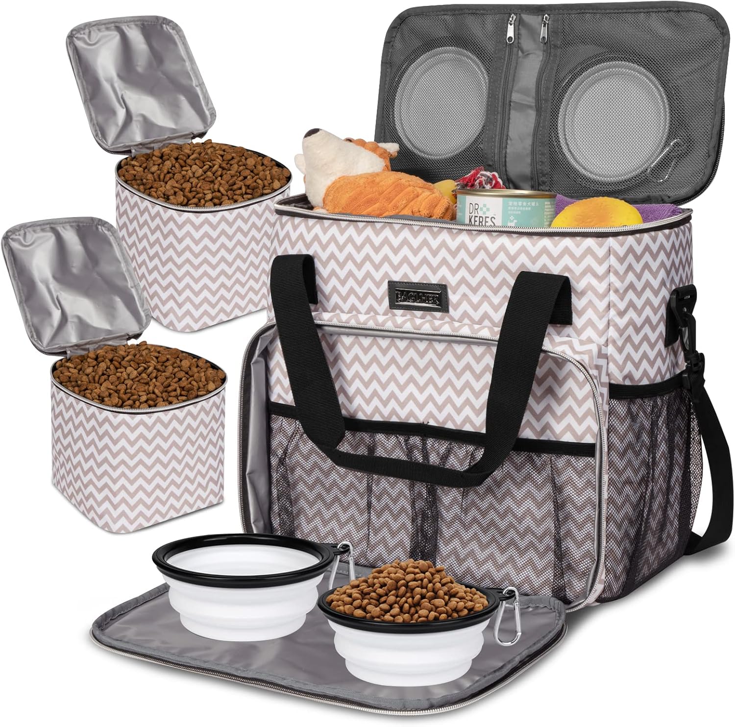 Dog Travel Bag with Food Containers and Collapsible Bowls, Complete Pet Travel Organizer for Trips and Outdoor Use