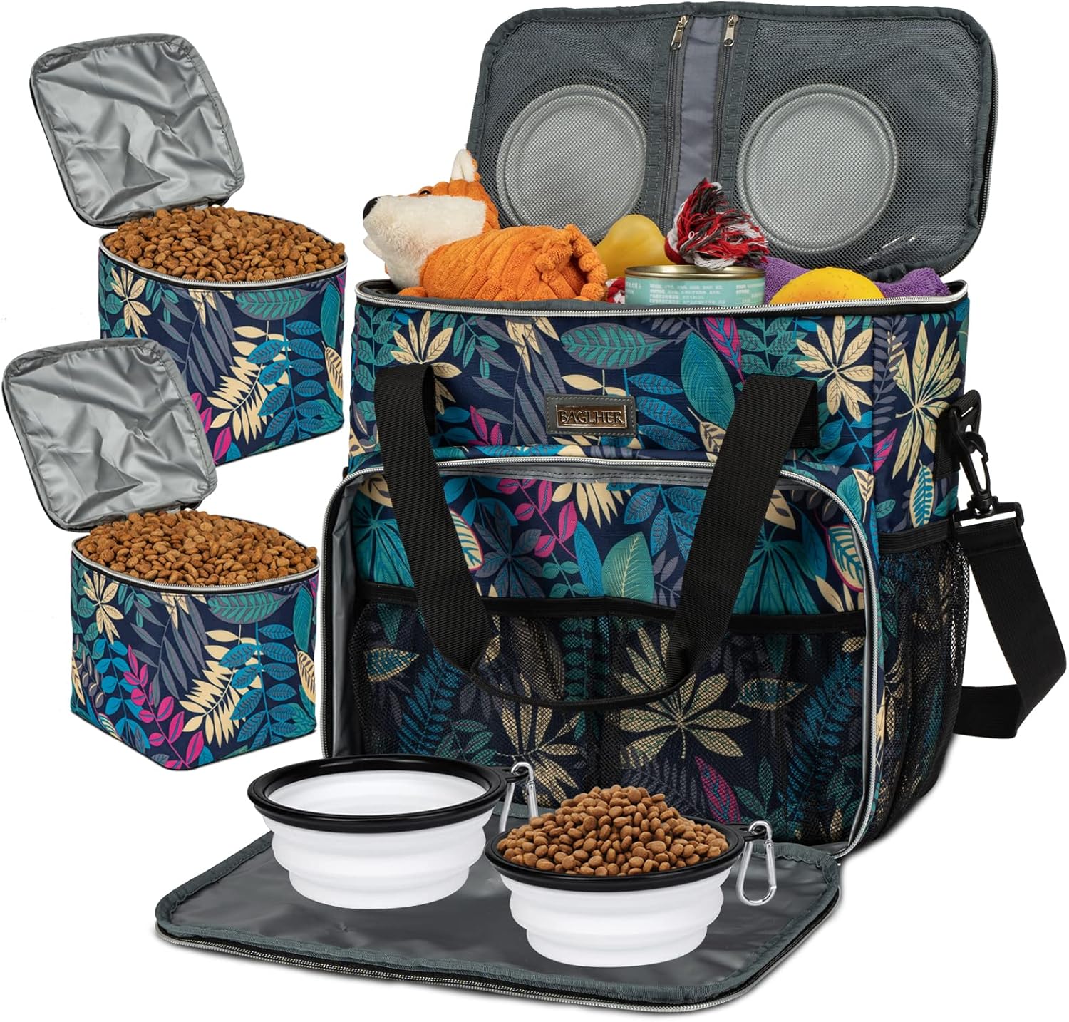 Dog Travel Bag with Food Containers and Collapsible Bowls, Complete Pet Travel Organizer for Trips and Outdoor Use