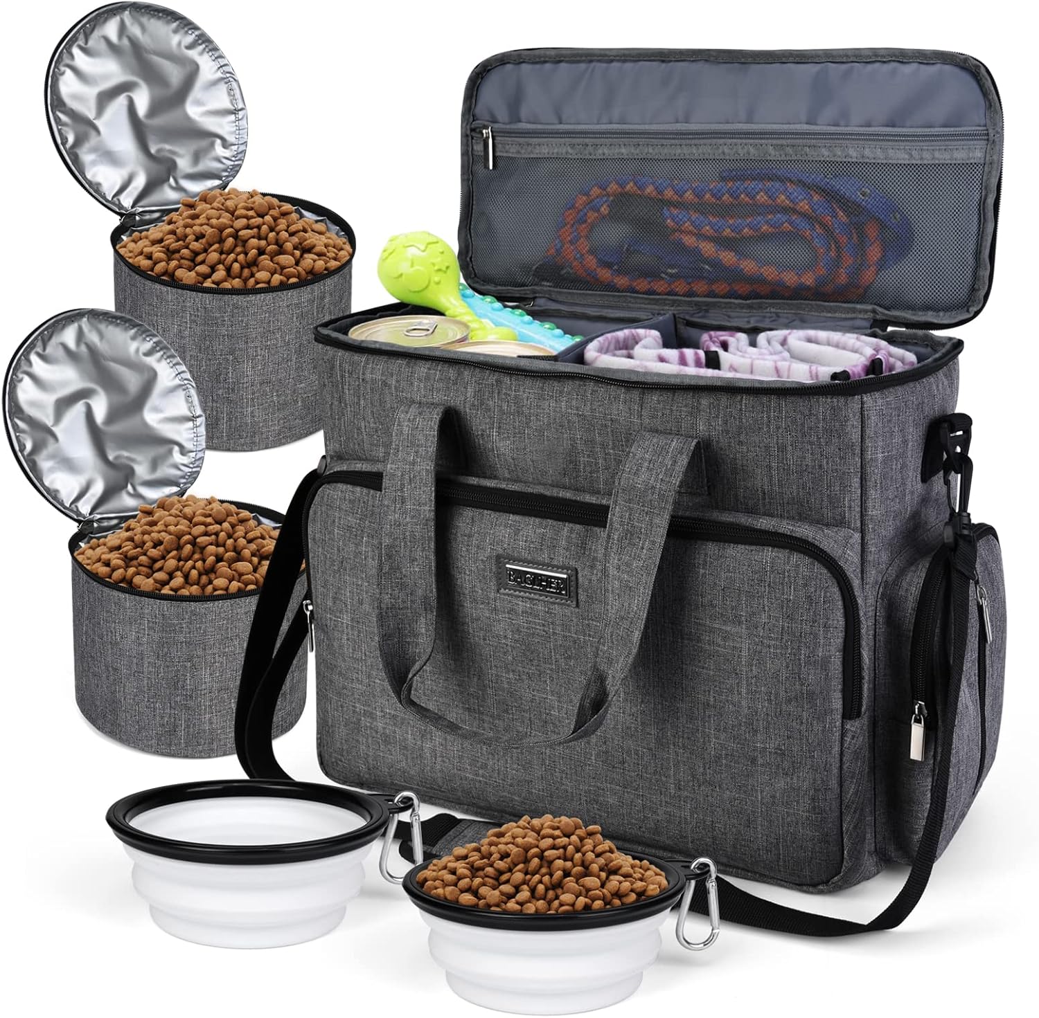 Dog Travel Bag with Food Containers and Collapsible Bowls, Complete Pet Travel Organizer for Trips and Outdoor Use