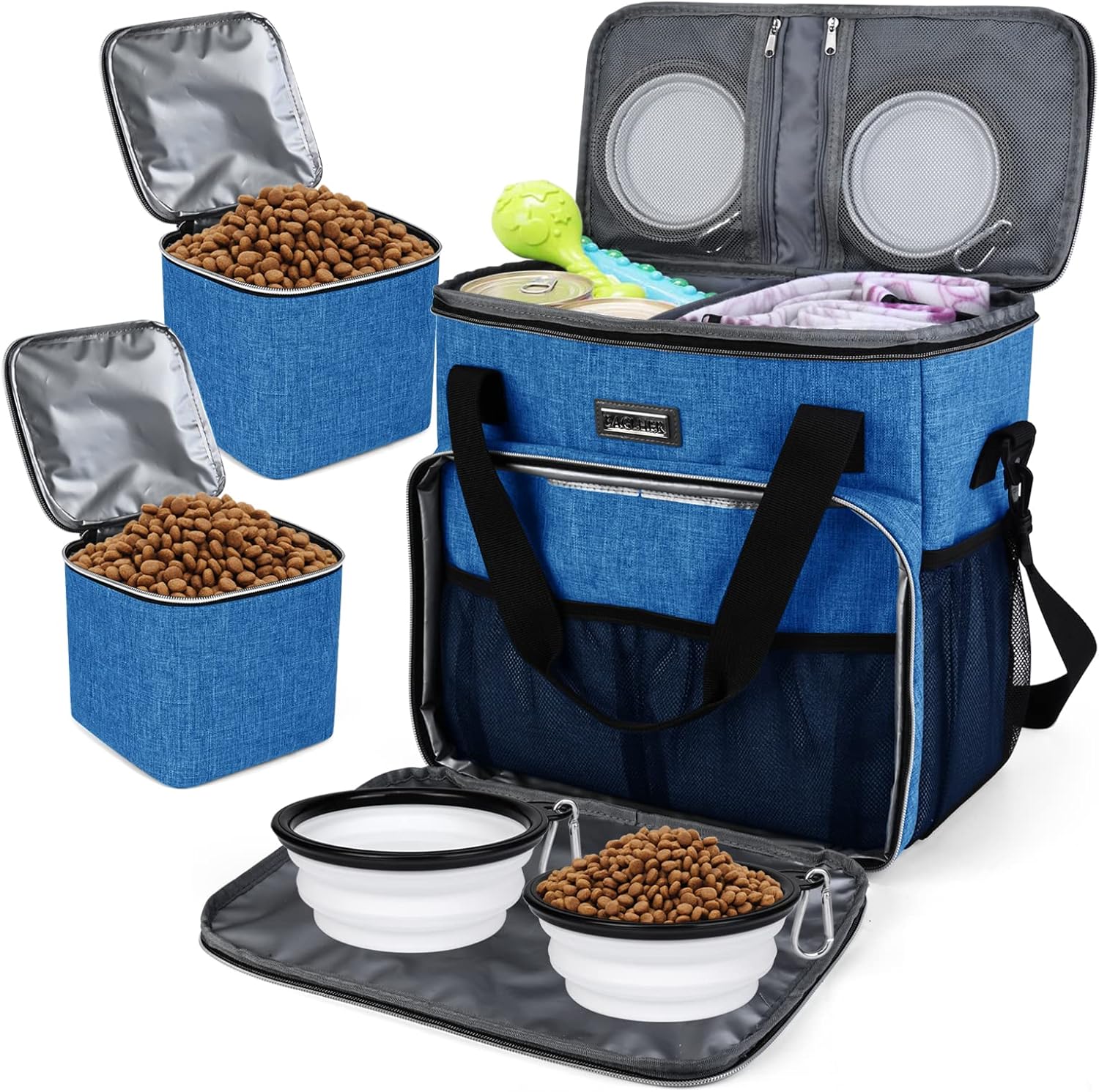 Dog Travel Bag with Food Containers and Collapsible Bowls, Complete Pet Travel Organizer for Trips and Outdoor Use