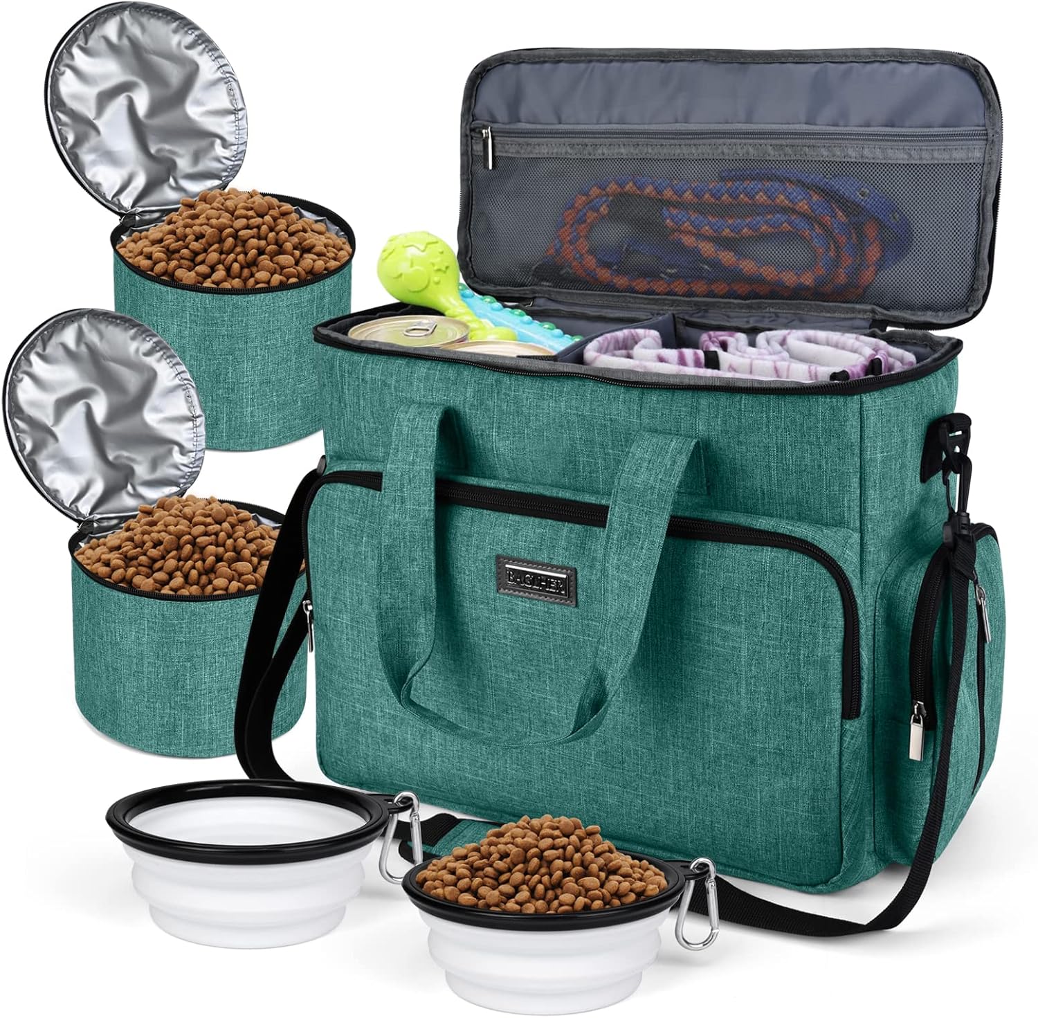 Dog Travel Bag with Food Containers and Collapsible Bowls, Complete Pet Travel Organizer for Trips and Outdoor Use