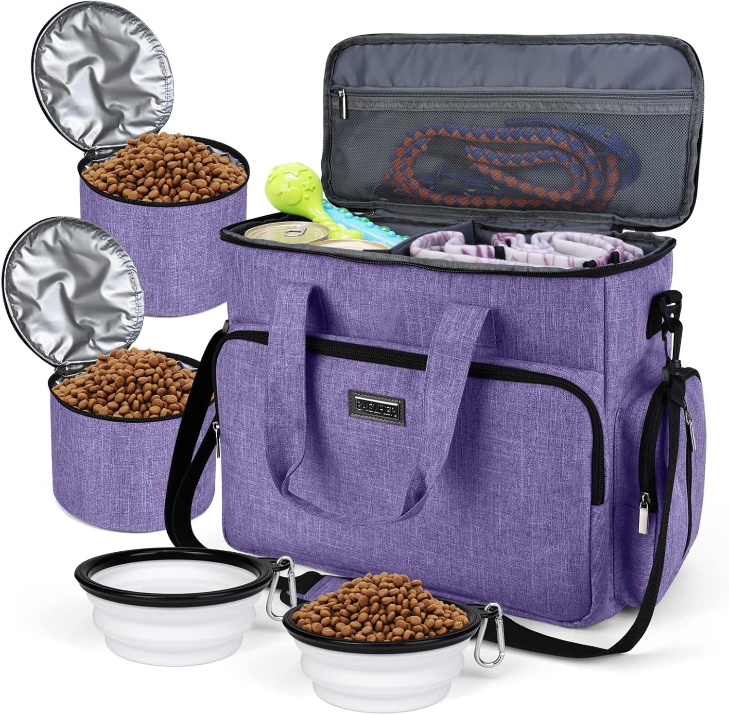 Dog Travel Bag with Food Containers and Collapsible Bowls, Complete Pet Travel Organizer for Trips and Outdoor Use
