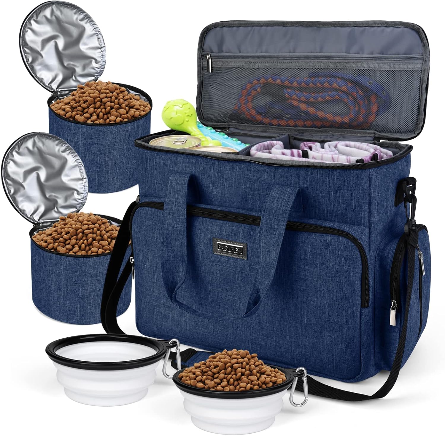 Dog Travel Bag with Food Containers and Collapsible Bowls, Complete Pet Travel Organizer for Trips and Outdoor Use