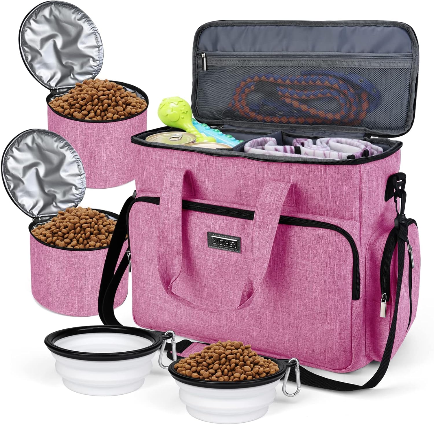 Dog Travel Bag with Food Containers and Collapsible Bowls, Complete Pet Travel Organizer for Trips and Outdoor Use