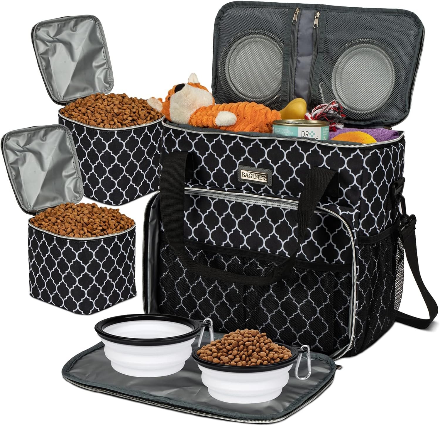 Dog Travel Bag with Food Containers and Collapsible Bowls, Complete Pet Travel Organizer for Trips and Outdoor Use