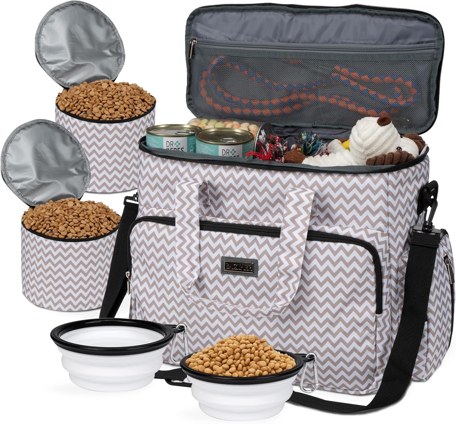 Dog Travel Bag with Food Containers and Collapsible Bowls, Complete Pet Travel Organizer for Trips and Outdoor Use