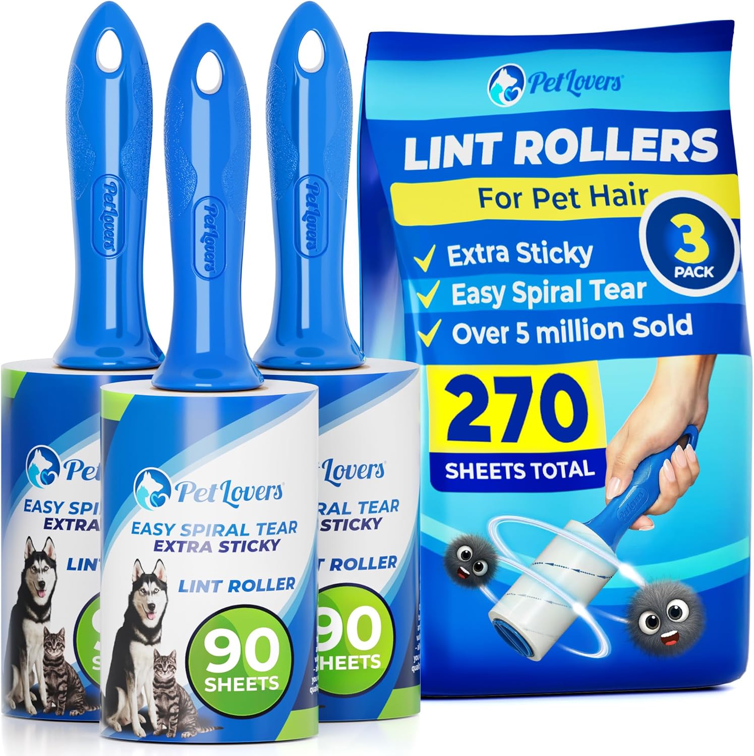 Lint Roller Set for Pet Hair Removal, Sticky Lint Remover for Clothes and Furniture, 5 Pack with 450 Sheets