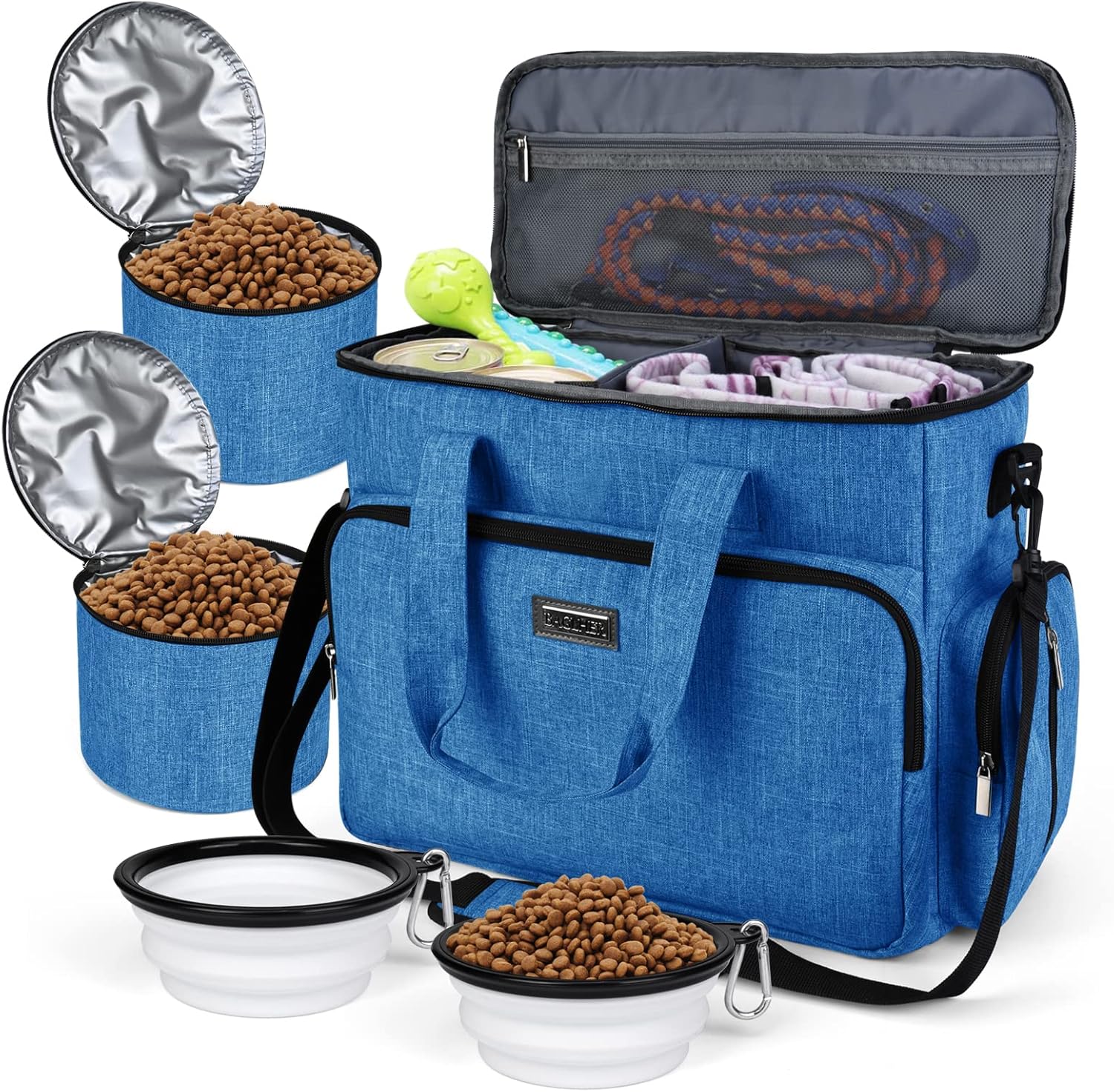 Dog Travel Bag with Food Containers and Collapsible Bowls, Complete Pet Travel Organizer for Trips and Outdoor Use