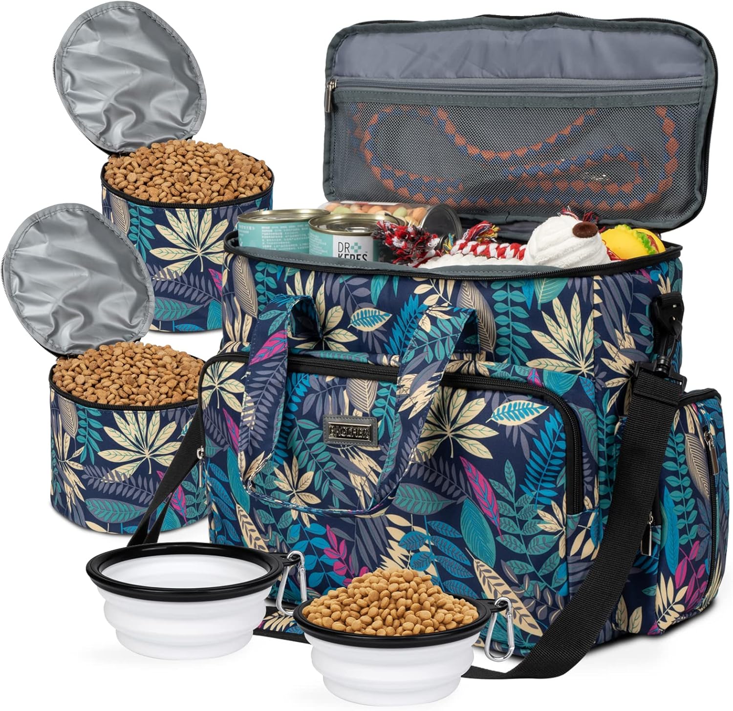 Dog Travel Bag with Food Containers and Collapsible Bowls, Complete Pet Travel Organizer for Trips and Outdoor Use