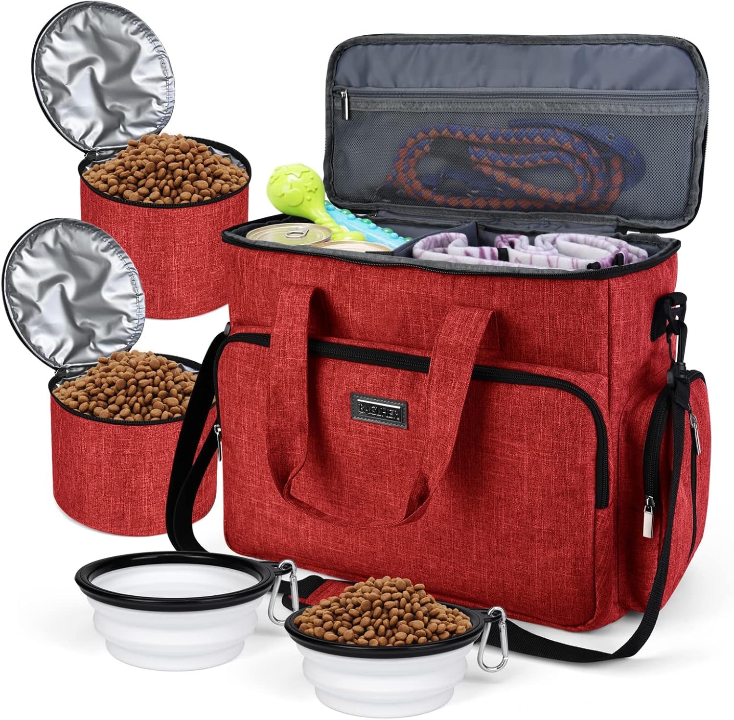 Dog Travel Bag with Food Containers and Collapsible Bowls, Complete Pet Travel Organizer for Trips and Outdoor Use