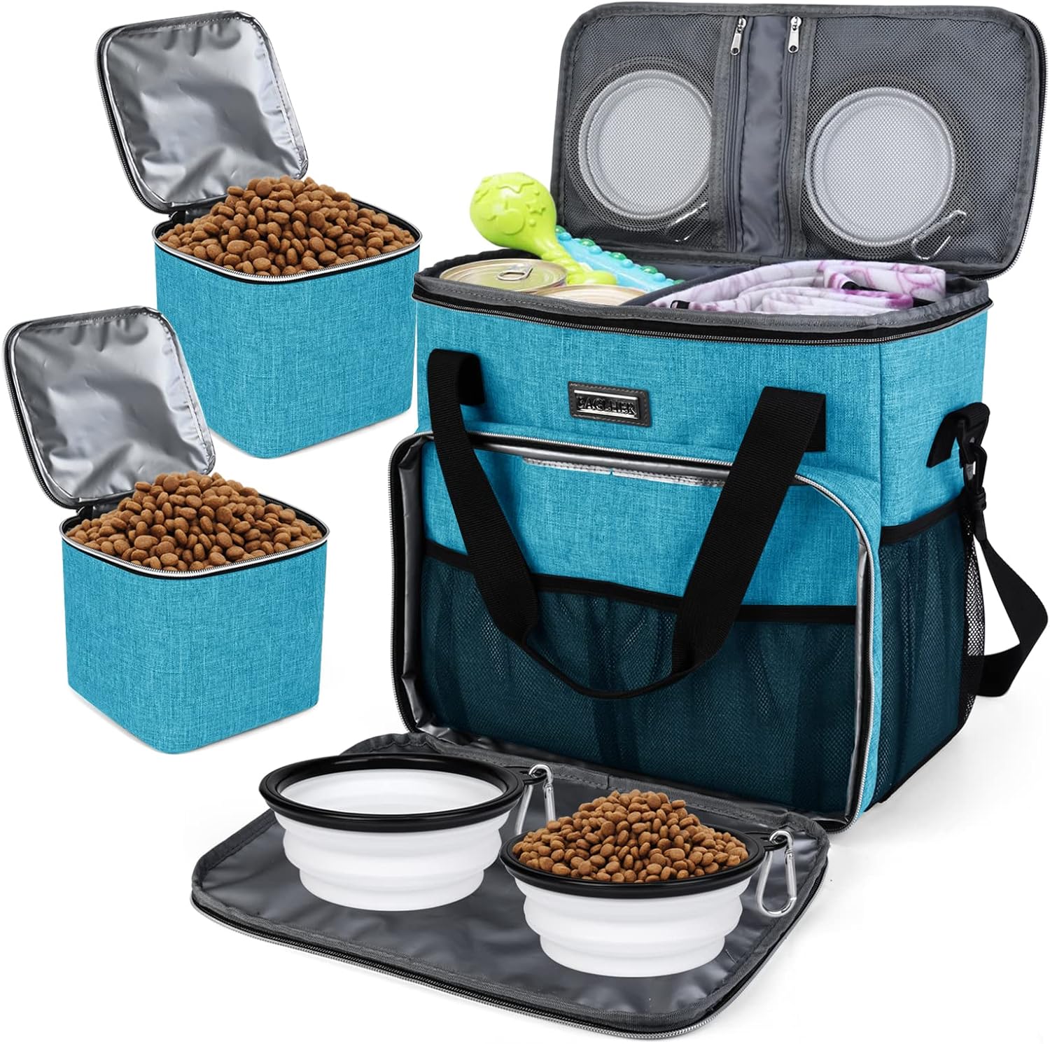 Dog Travel Bag with Food Containers and Collapsible Bowls, Complete Pet Travel Organizer for Trips and Outdoor Use