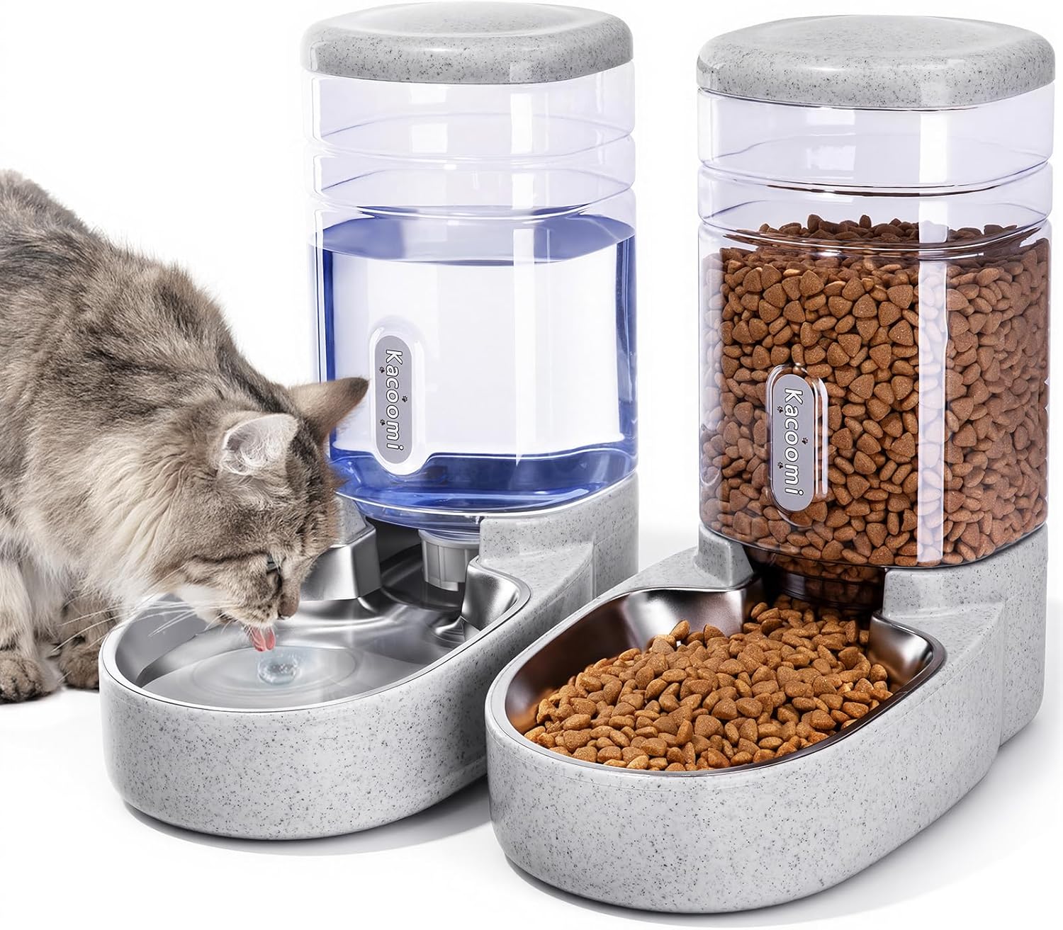 Gravity Pet Food Feeder and Water Dispenser Set, Automatic Refill Design, Large Capacity Bowls for Small and Medium Dogs and Cats, 1 Gallon x 2 (Grey)
