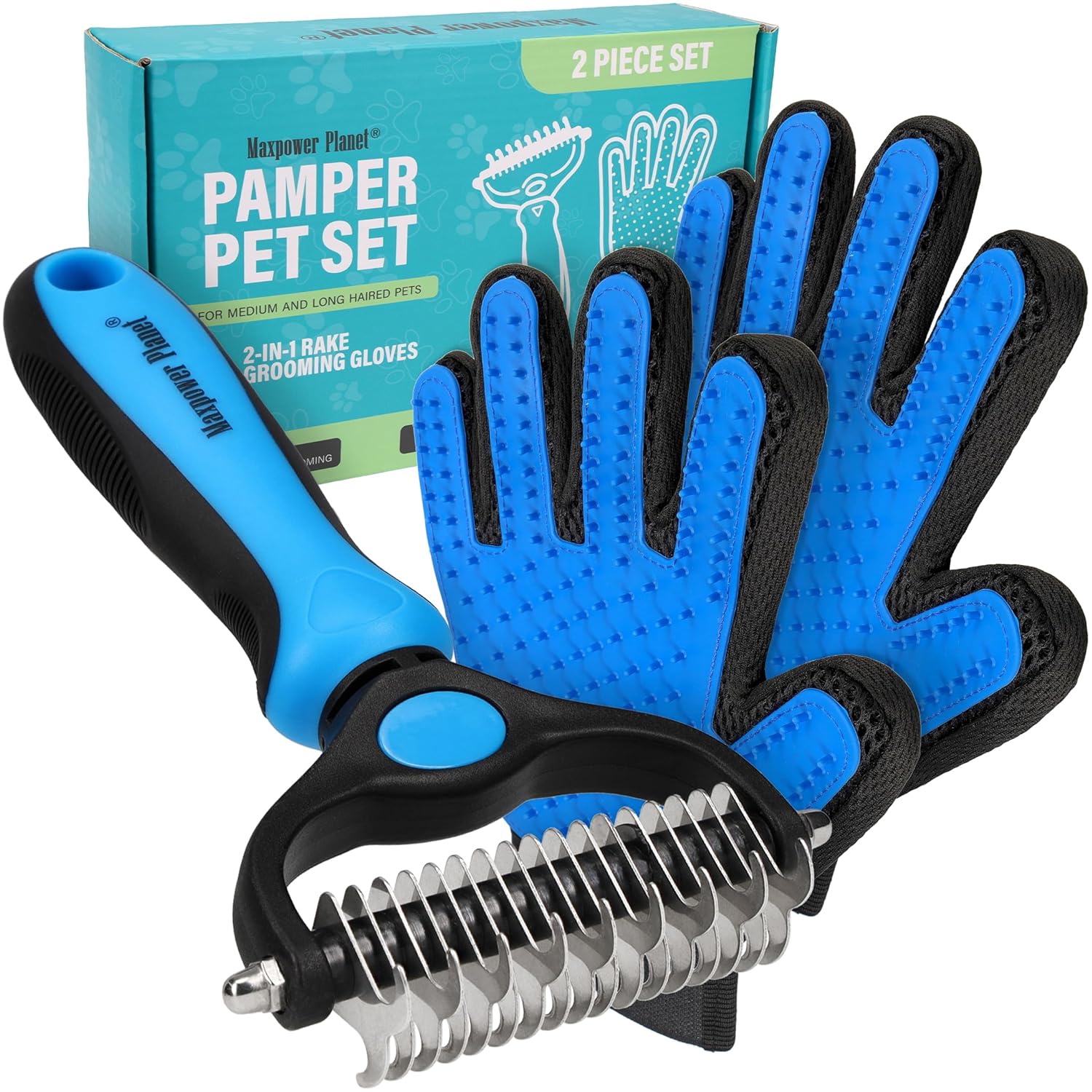 Pet Grooming Brush and Glove Set, Double-Sided Undercoat Rake with Grooming Gloves for Dogs and Cats