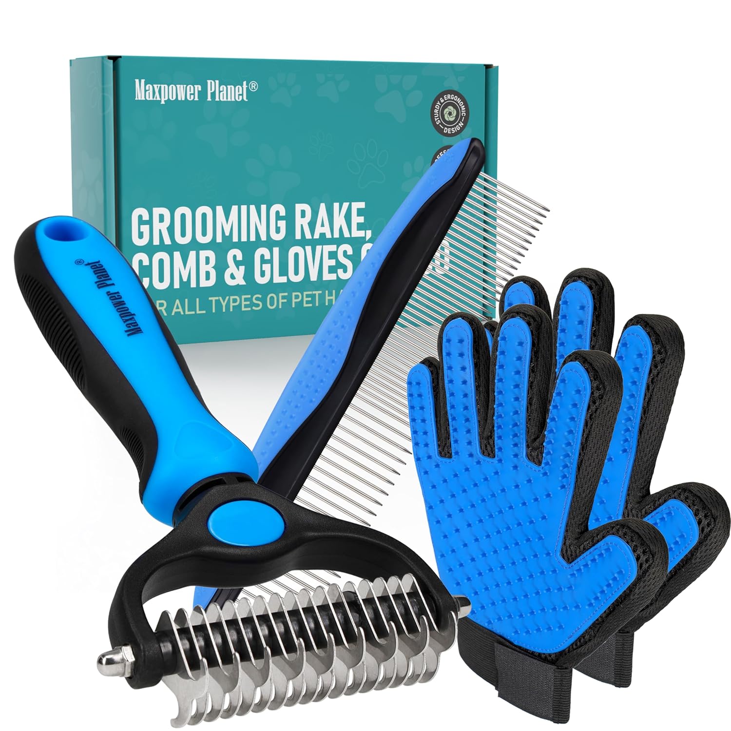 Pet Grooming Brush and Glove Set, Double-Sided Undercoat Rake with Grooming Gloves for Dogs and Cats