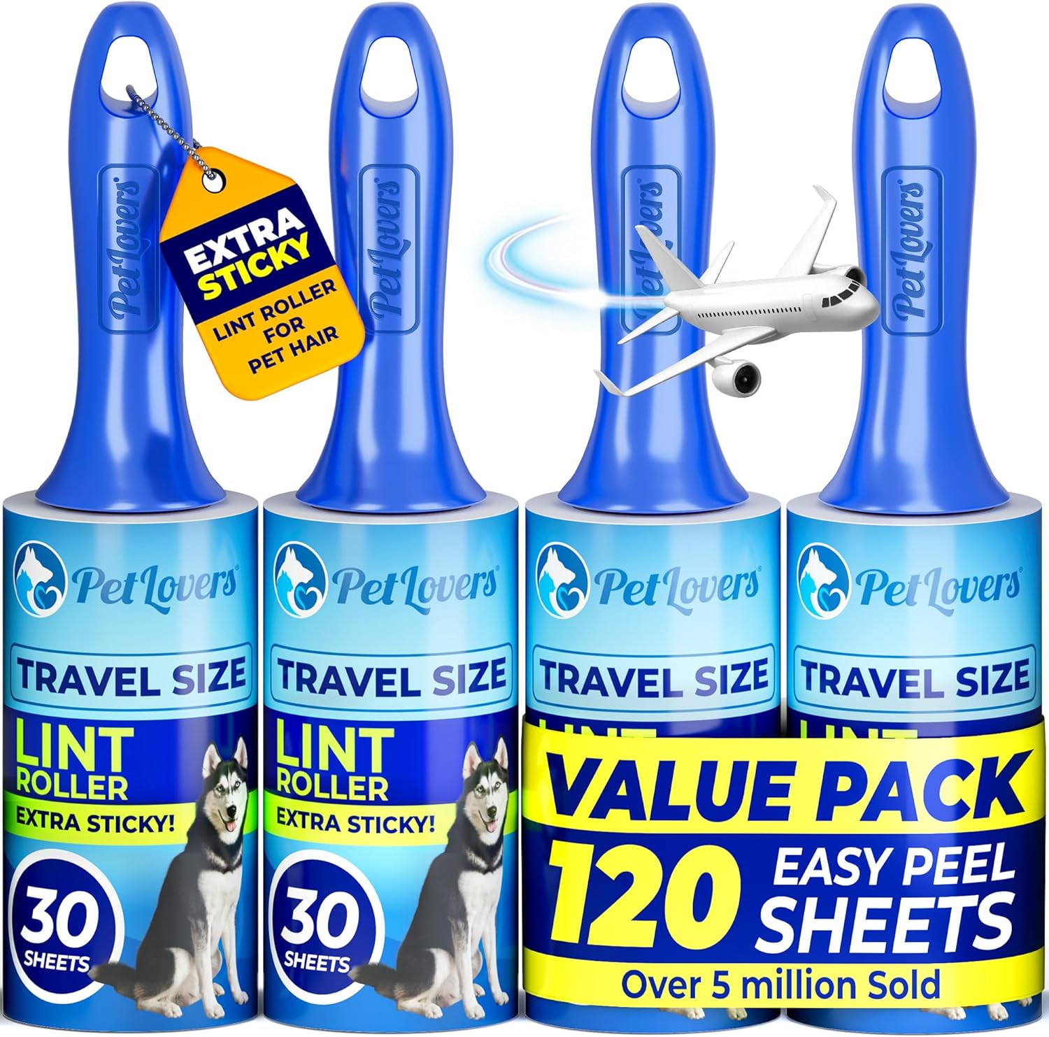 Lint Roller Set for Pet Hair Removal, Sticky Lint Remover for Clothes and Furniture, 5 Pack with 450 Sheets