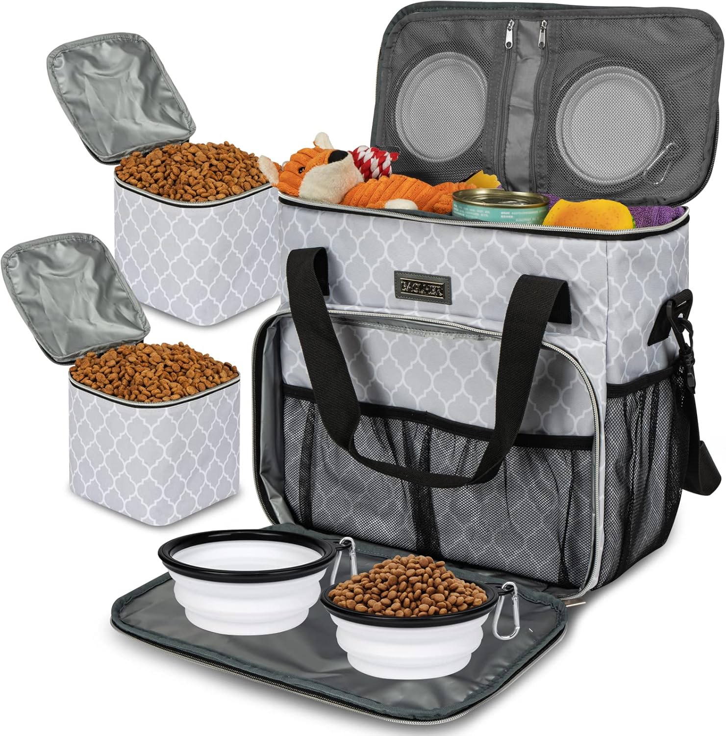 Dog Travel Bag with Food Containers and Collapsible Bowls, Complete Pet Travel Organizer for Trips and Outdoor Use