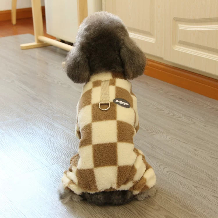 Pomdsds | Plush Square-Pattern Four-Leg Pet Outfit with Pull Tabs, Everyday Autumn & Winter Wear for Small Dogs