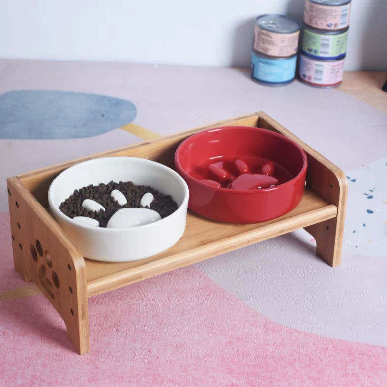 Pomdsds | Ceramic Pet Feeding Bowl with Wooden Stand and Wide Opening for Daily Use