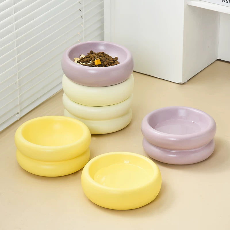 Pomdsds | Low-Profile Ceramic Pet Feeding Bowl with Flat Rim for Daily Use