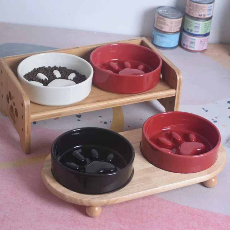 Pomdsds | Ceramic Pet Feeding Bowl with Wooden Stand and Wide Opening for Daily Use