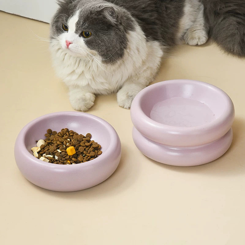 Pomdsds | Low-Profile Ceramic Pet Feeding Bowl with Flat Rim for Daily Use