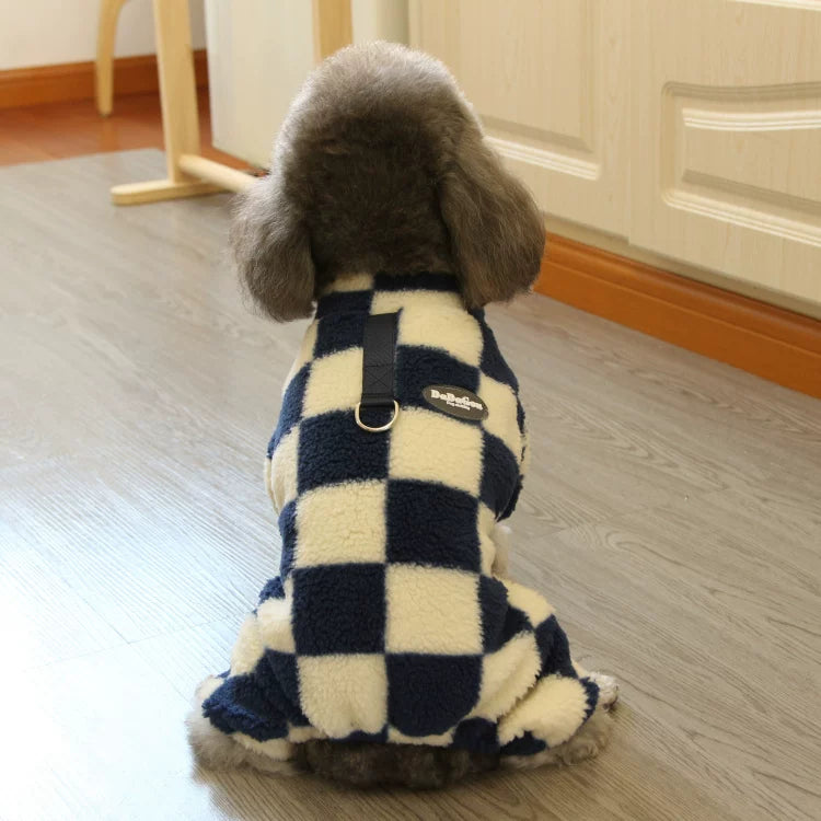 Pomdsds | Plush Square-Pattern Four-Leg Pet Outfit with Pull Tabs, Everyday Autumn & Winter Wear for Small Dogs