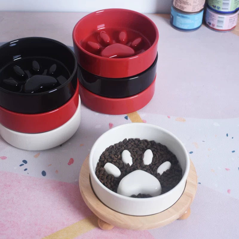 Pomdsds | Ceramic Pet Feeding Bowl with Wooden Stand and Wide Opening for Daily Use